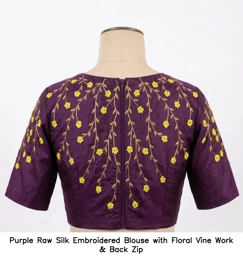 Purple Raw Silk  Embroidered Blouse with Floral Vine Work & Back Zip 2