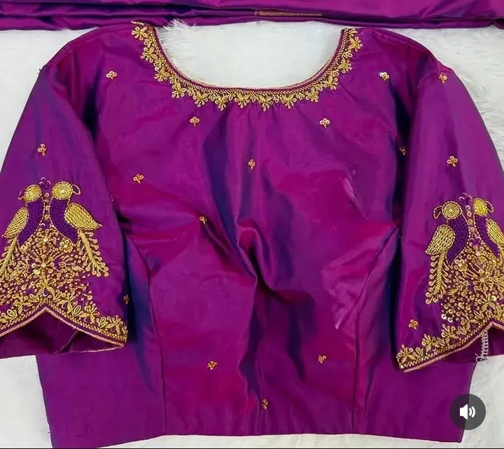 Purple Raw Silk Hand Embroidered Saree Blouse | Twin Peacock Aari Work Elbow Sleeve Readymade Blouse for Silk Sarees