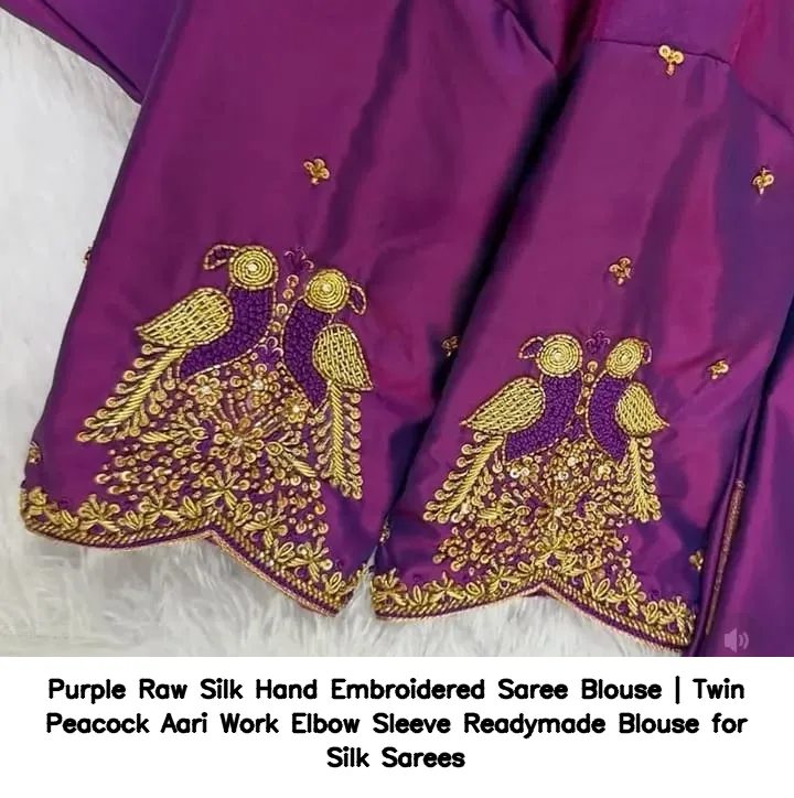 Purple Raw Silk Hand Embroidered Saree Blouse | Twin Peacock Aari Work Elbow Sleeve Readymade Blouse for Silk Sarees 2