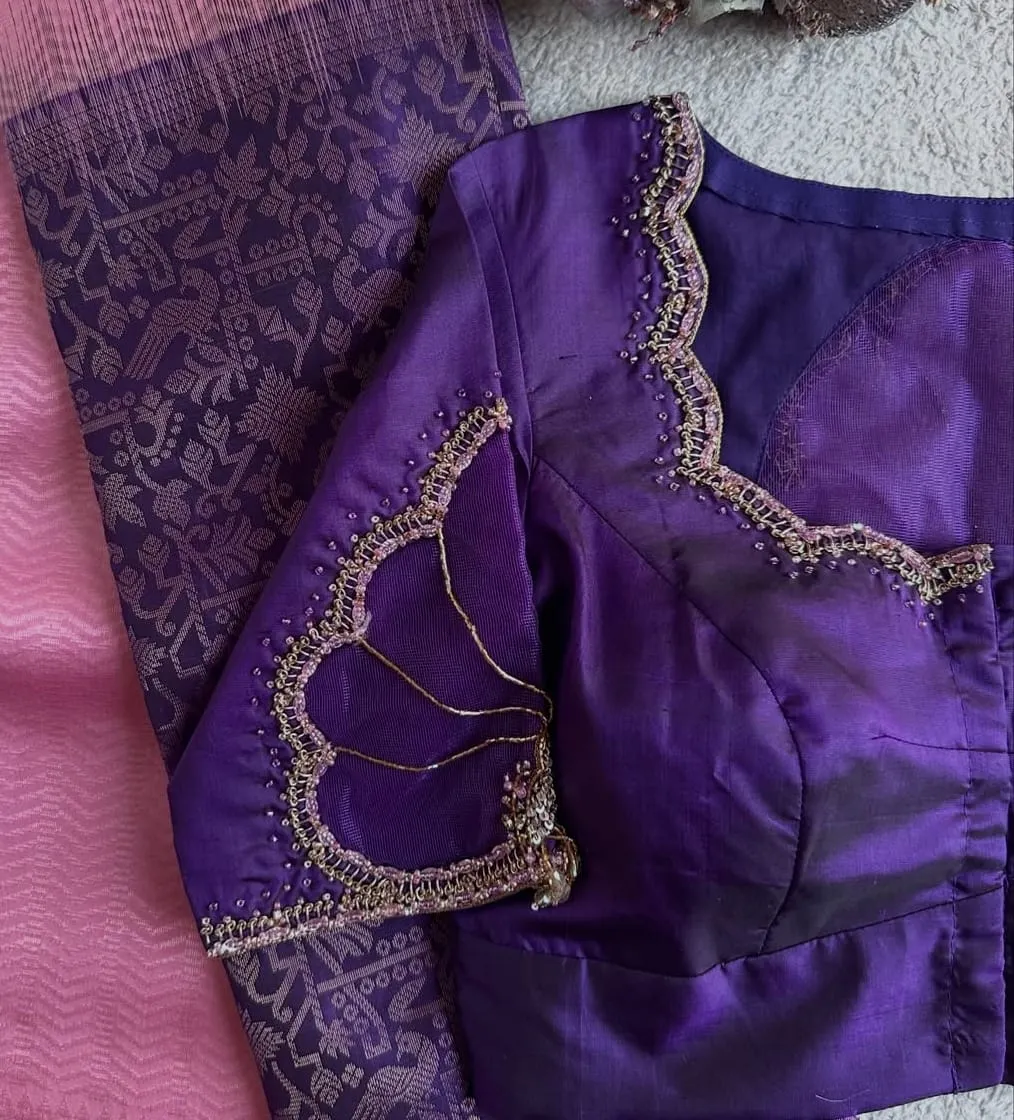 Purple Raw Silk Lotus Cutout Maggam Work Blouse - Sheer Organza Back & Sleeve Embroidered Saree Blouse