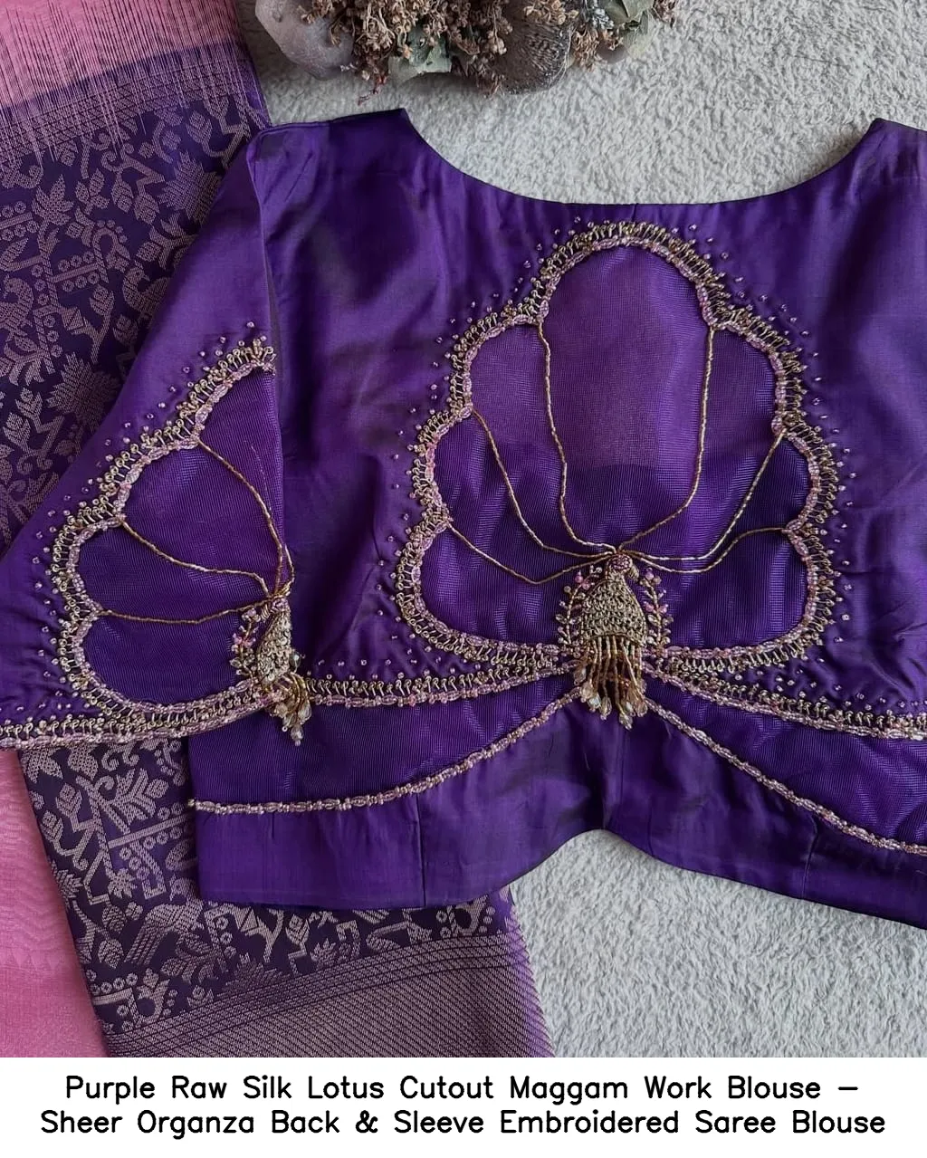 Purple Raw Silk Lotus Cutout Maggam Work Blouse - Sheer Organza Back & Sleeve Embroidered Saree Blouse 3