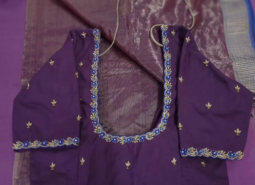 Purple Silk Blouse with Contrast Blue Embroidery for Wedding & Festive Wear