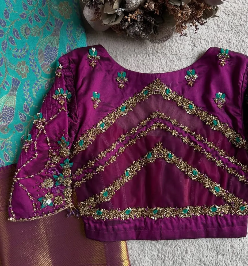 Purple Silk Bridal Saree Blouse – Heavy Jaal Aari Work Round Cutout Back Choli 1