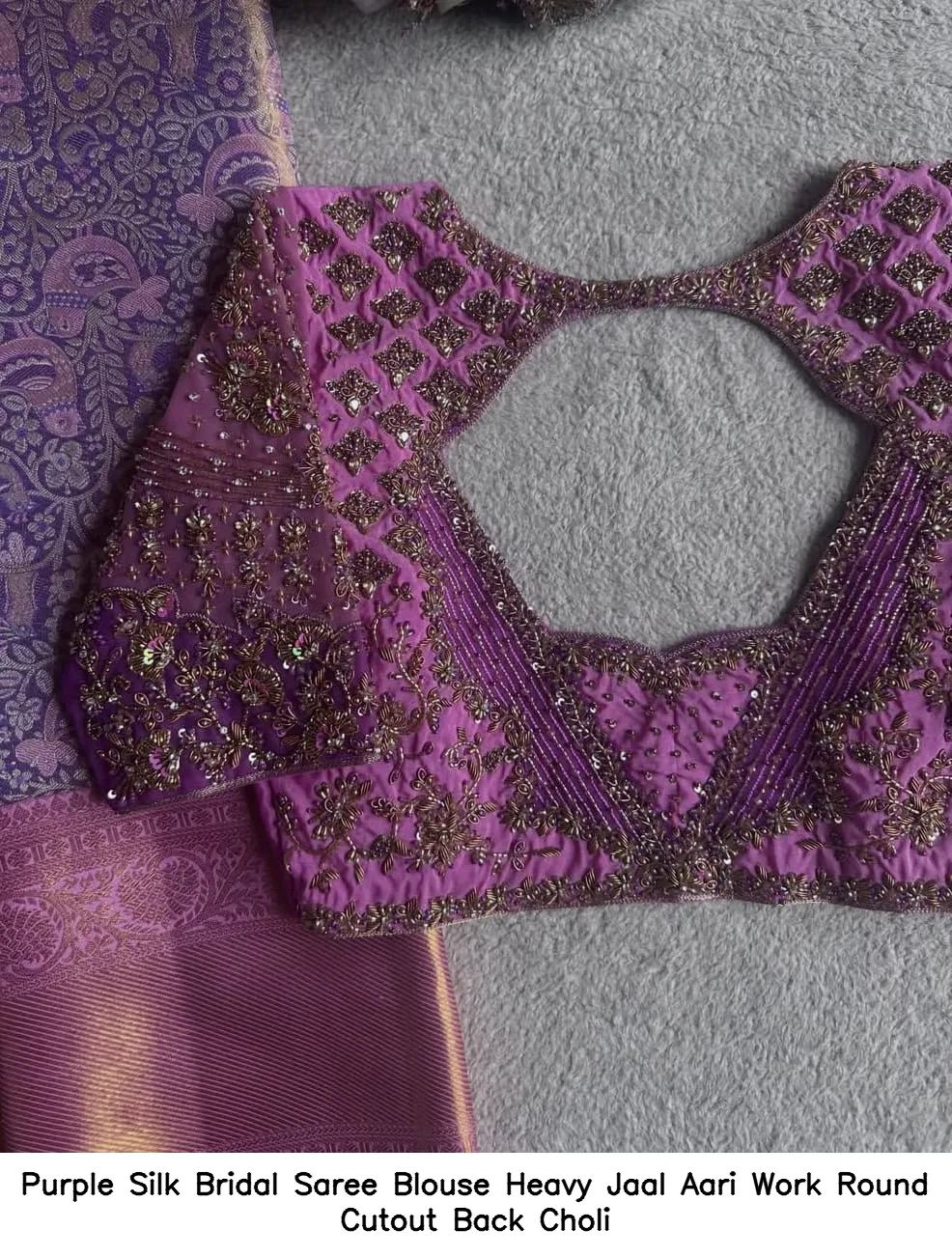 Purple Silk Bridal Saree Blouse – Heavy Jaal Aari Work Round Cutout Back Choli 2