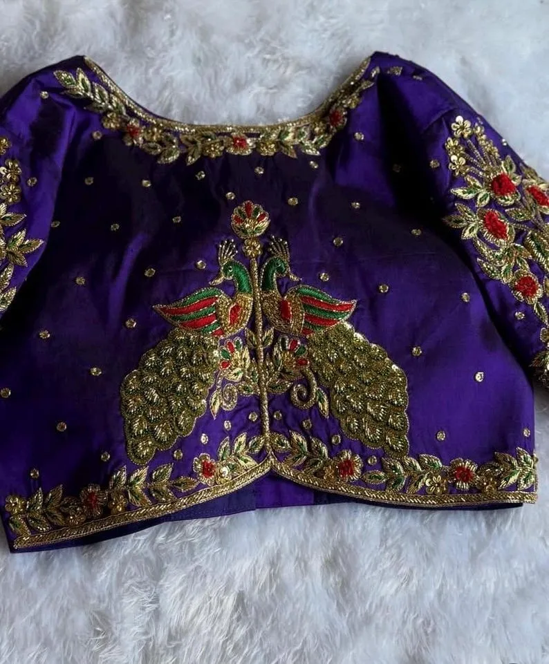 Purple Silk Designer Blouse | Peacock Motif Hand-Embroidered Zardosi Work | Bridal & Festive Ethnic Wear