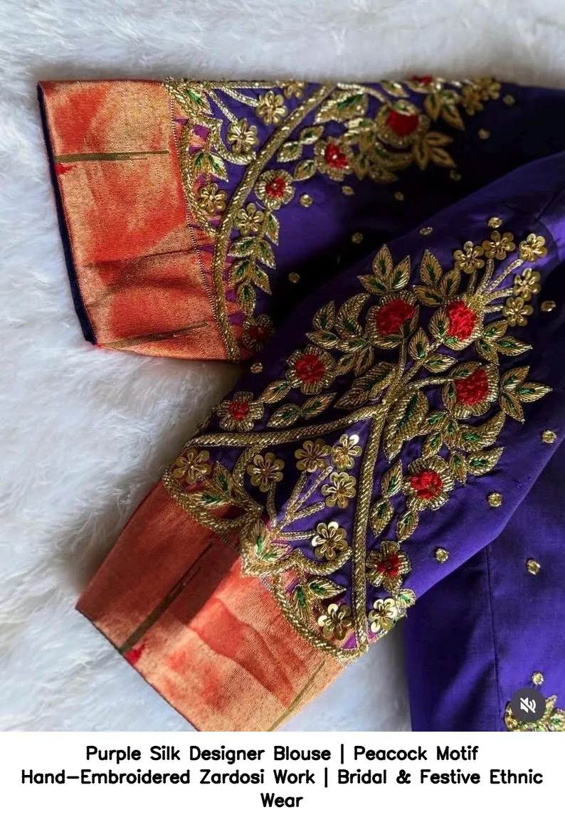 Purple Silk Designer Blouse | Peacock Motif Hand-Embroidered Zardosi Work | Bridal & Festive Ethnic Wear 3