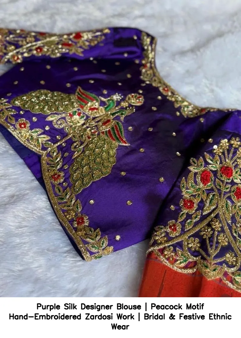 Purple Silk Designer Blouse | Peacock Motif Hand-Embroidered Zardosi Work | Bridal & Festive Ethnic Wear 4