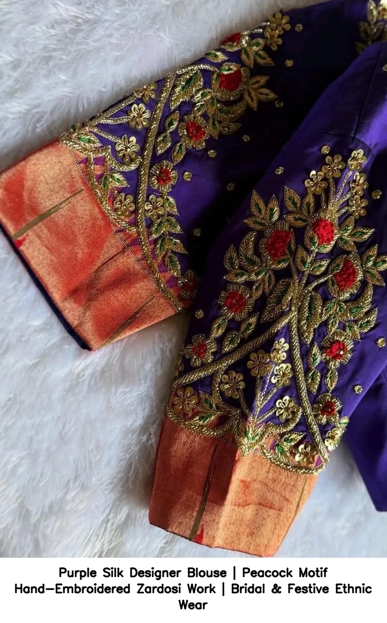 Purple Silk Designer Blouse | Peacock Motif Hand-Embroidered Zardosi Work | Bridal & Festive Ethnic Wear 5
