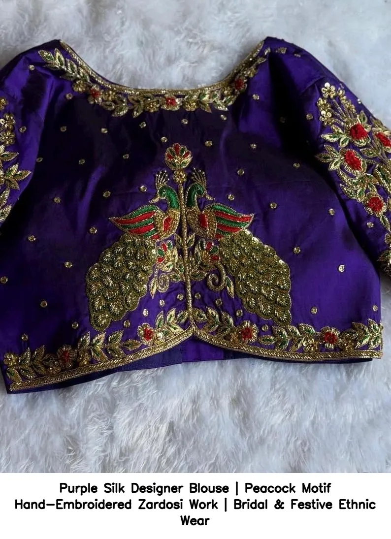Purple Silk Designer Blouse | Peacock Motif Hand-Embroidered Zardosi Work | Bridal & Festive Ethnic Wear 7