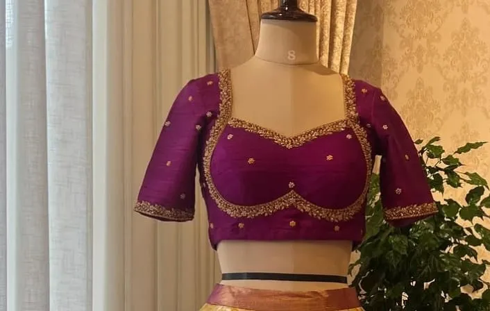 Purple Silk Designer Blouse with Intricate Hand Embroidery & Sweetheart Neckline