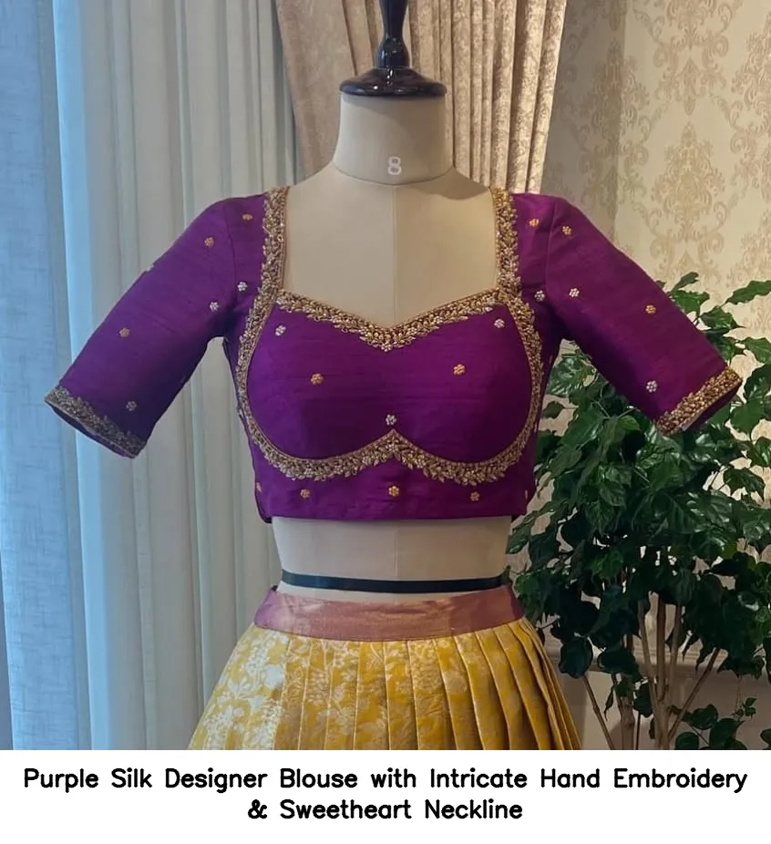 Purple Silk Designer Blouse with Intricate Hand Embroidery & Sweetheart Neckline 2