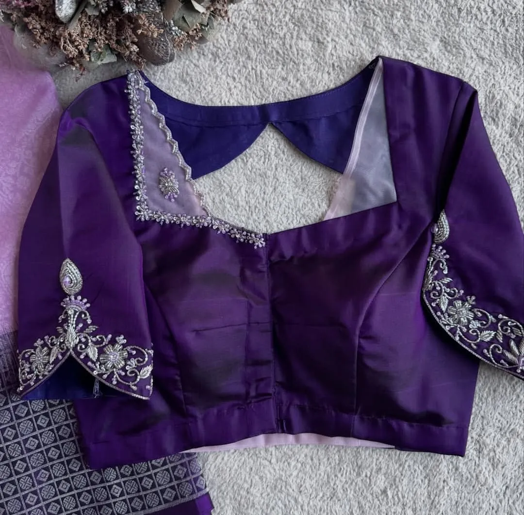 Purple Silk Maggam Work Blouse - Silver Zardosi Embroidered Saree Blouse with Sheer Tissue Inserts & Notch Sleeves