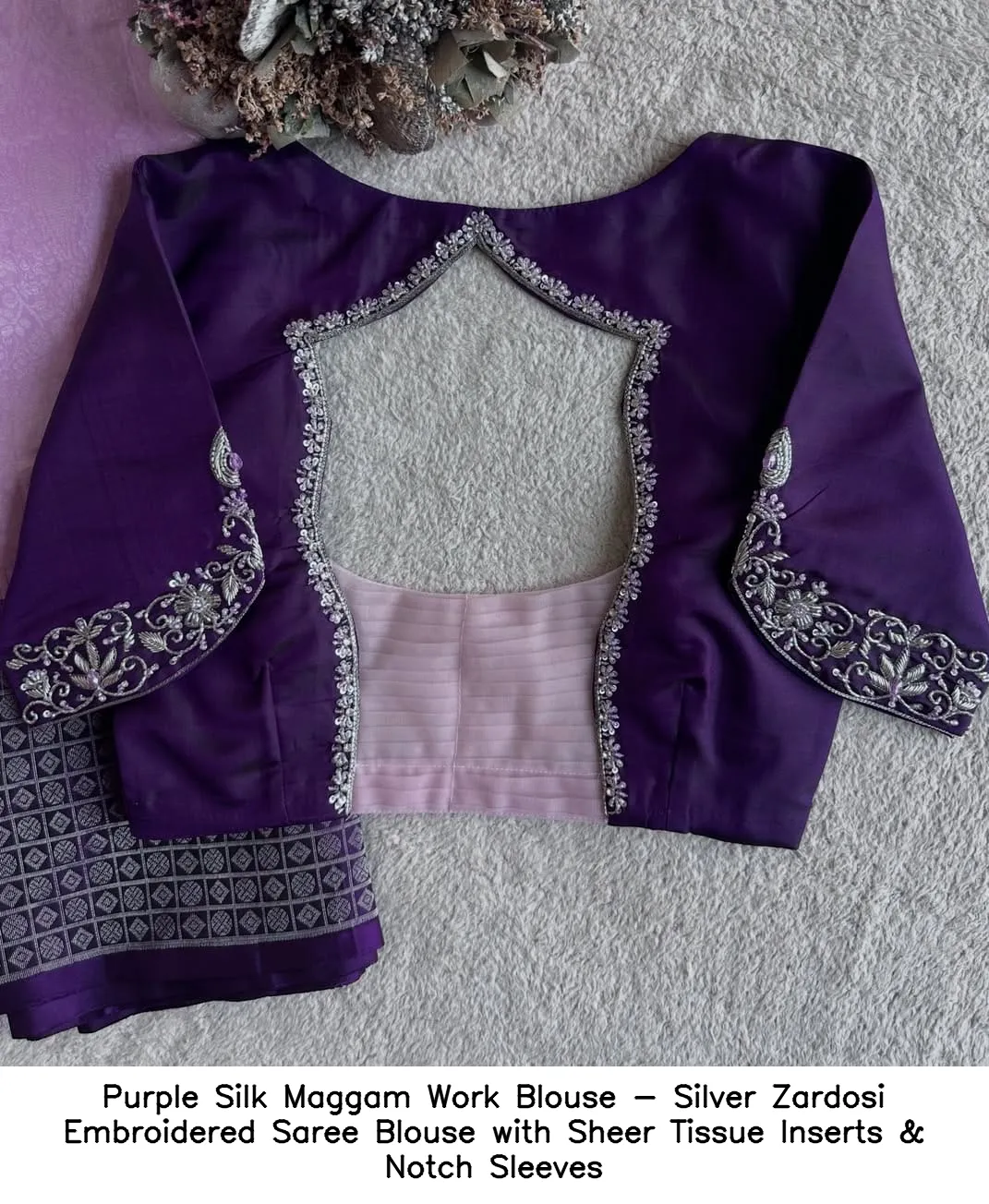 Purple Silk Maggam Work Blouse - Silver Zardosi Embroidered Saree Blouse with Sheer Tissue Inserts & Notch Sleeves 2