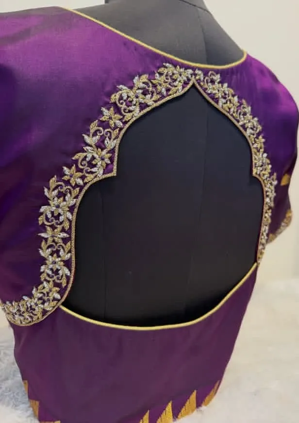 Purple Silk Saree Blouse with Arch Back Cutout & Gold Aari Zardosi Work | Readymade Ethnic Blouse