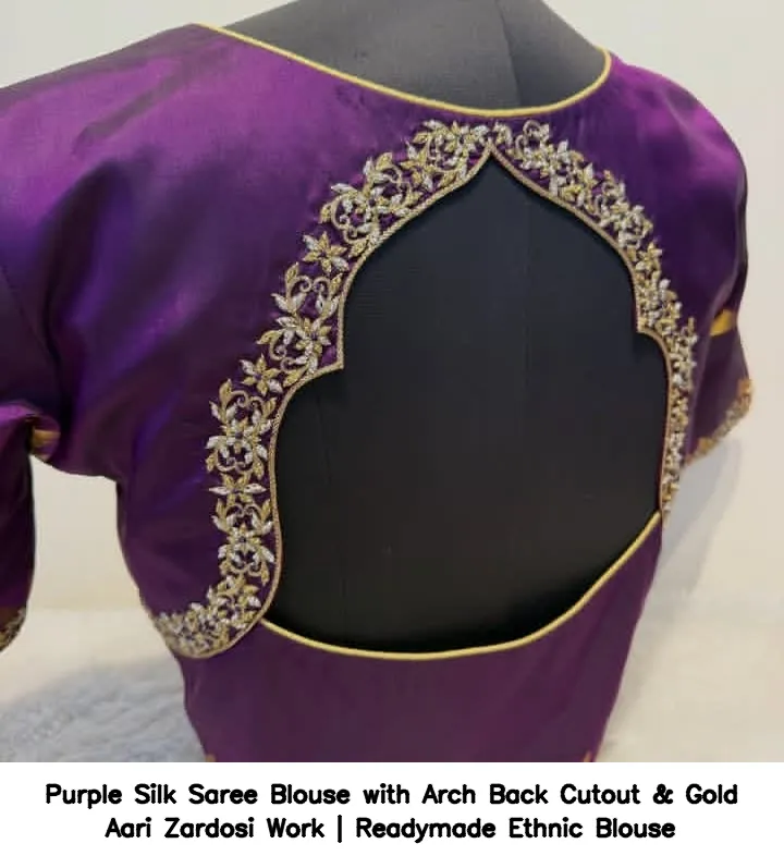 Purple Silk Saree Blouse with Arch Back Cutout & Gold Aari Zardosi Work | Readymade Ethnic Blouse 2
