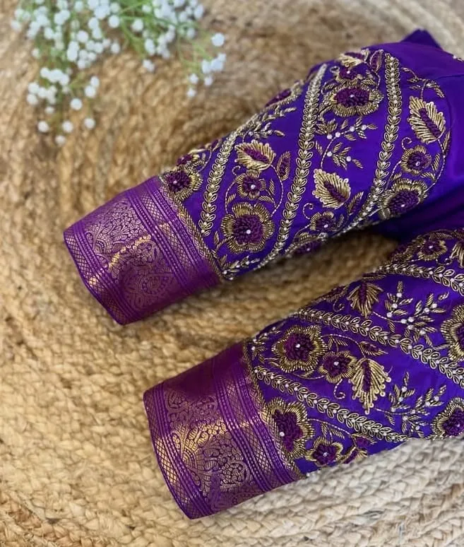 Purple Violet Silk Aari Work Blouse | 3D Floral Threadwork Heavy Sleeve Blouse for Yellow Saree | Bridal Maggam Blouse | Keyhole Dori Back Blouse 1