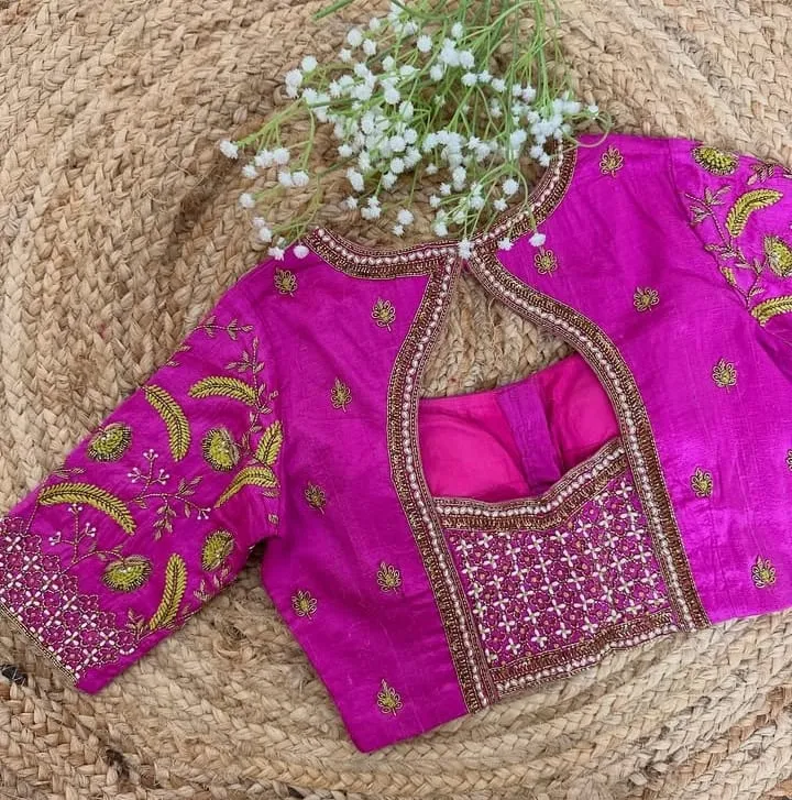 Rani Pink Pot Neck Blouse Handcrafted Leaf Motif Maggam Work Saree Blouse