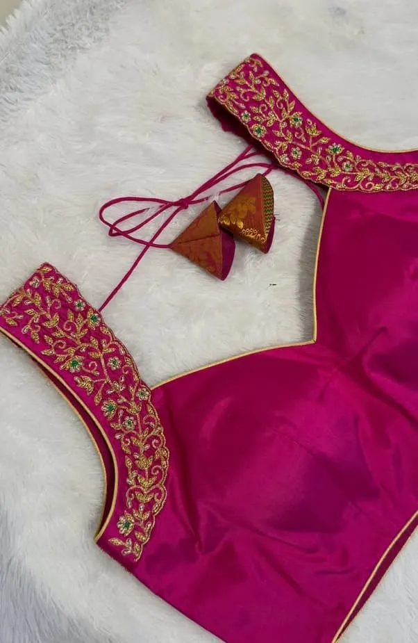 Rani Pink Silk Blouse with Gold Floral Vine Aari Embroidery & Latkan Back