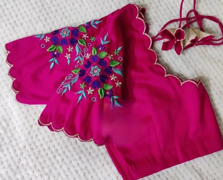 Rani Pink Silk Blouse with Scallop Cutwork Border & Multi-Color Floral Embroidery