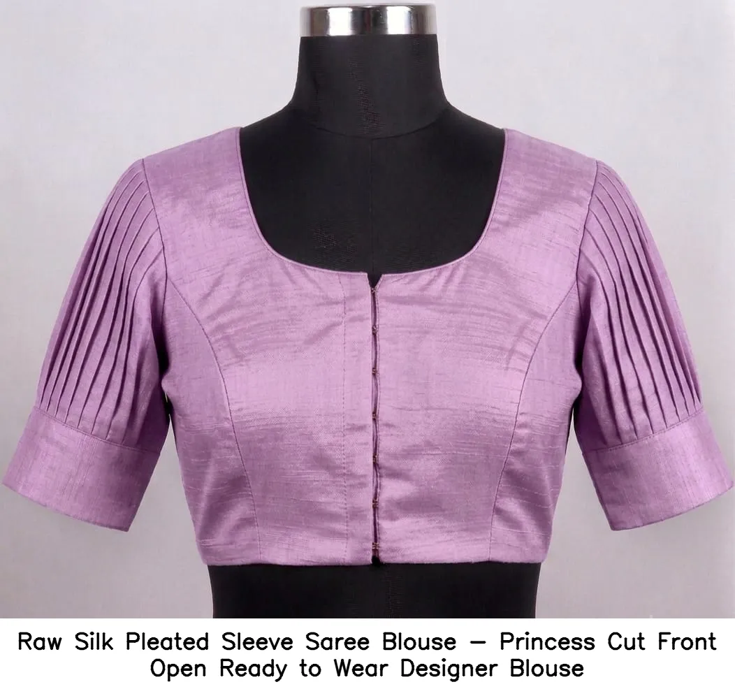 Raw Silk Pleated Sleeve Saree Blouse - Princess Cut Front Open Ready to Wear Designer Blouse 4