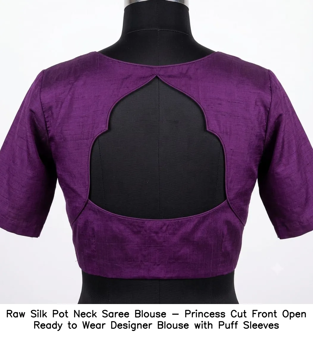 Raw Silk Pot Neck Saree Blouse - Princess Cut Front Open Ready to Wear Designer Blouse with Puff Sleeves 4