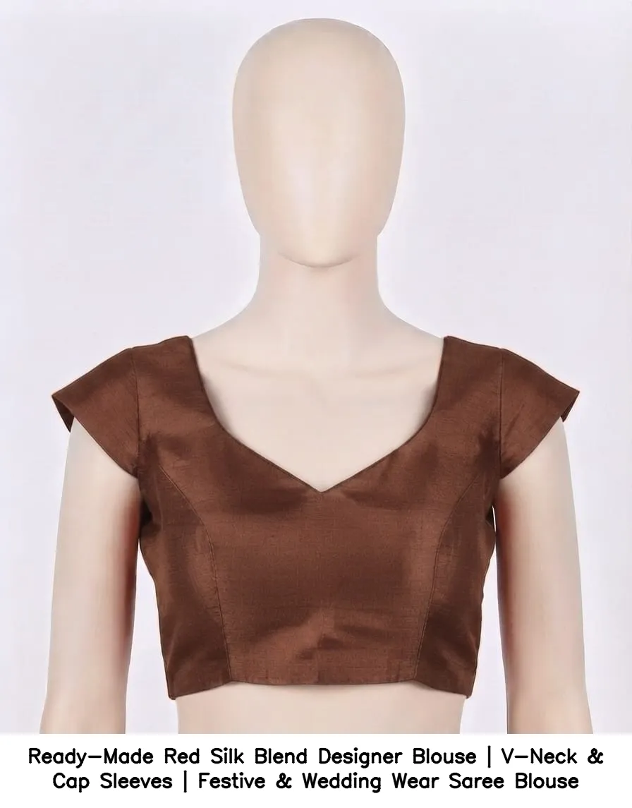 Ready-Made Red Silk Blend Designer Blouse | V-Neck & Cap Sleeves | Festive & Wedding Wear Saree Blouse 3