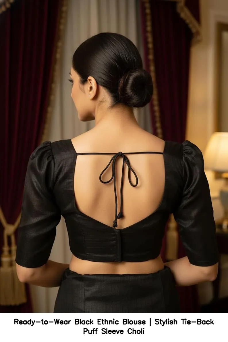 Ready-to-Wear Black Ethnic Blouse | Stylish Tie-Back Puff Sleeve Choli 2