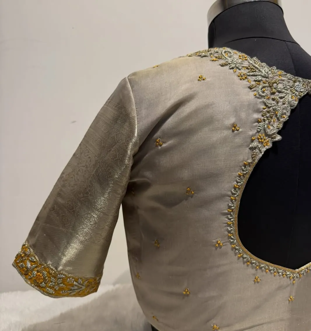 Ready-to-Wear Grey Silk Designer Blouse with Gold Hand Embroidery - Custom Stitched
