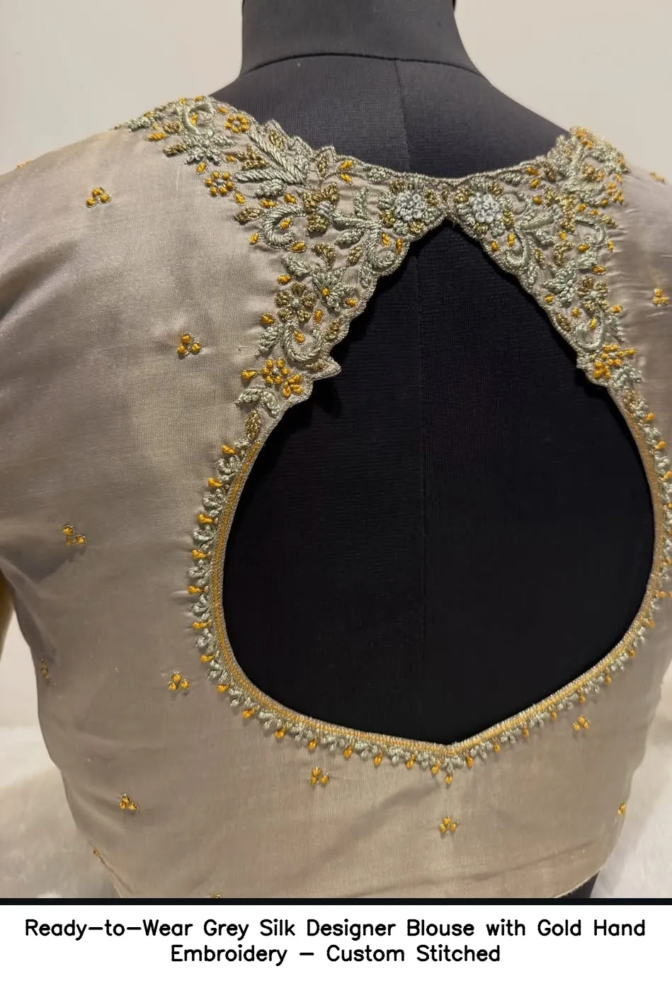 Ready-to-Wear Grey Silk Designer Blouse with Gold Hand Embroidery - Custom Stitched 2