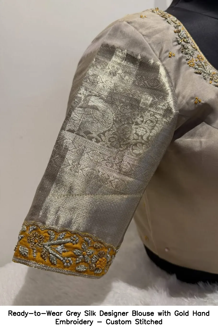 Ready-to-Wear Grey Silk Designer Blouse with Gold Hand Embroidery - Custom Stitched 4