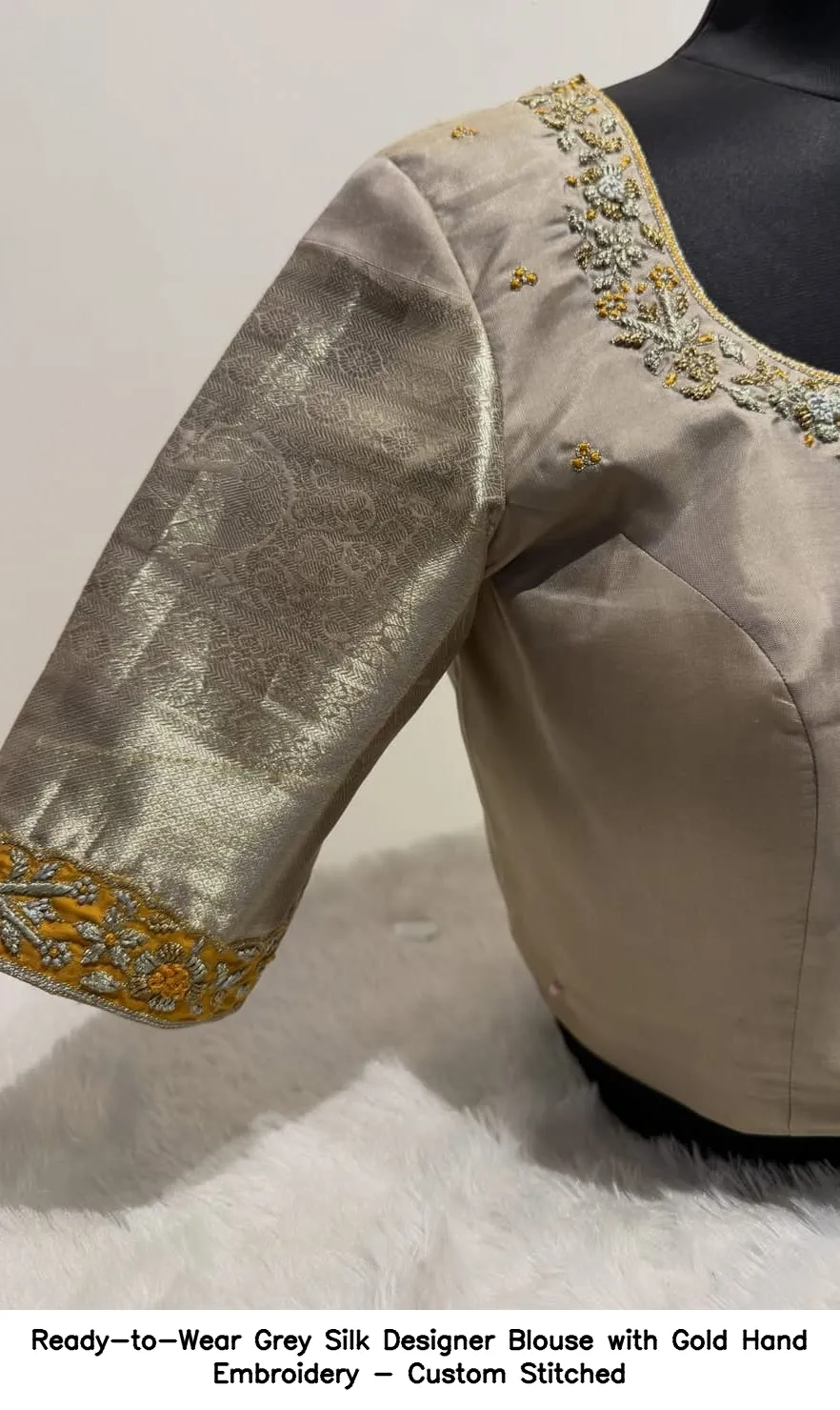 Ready-to-Wear Grey Silk Designer Blouse with Gold Hand Embroidery - Custom Stitched 5