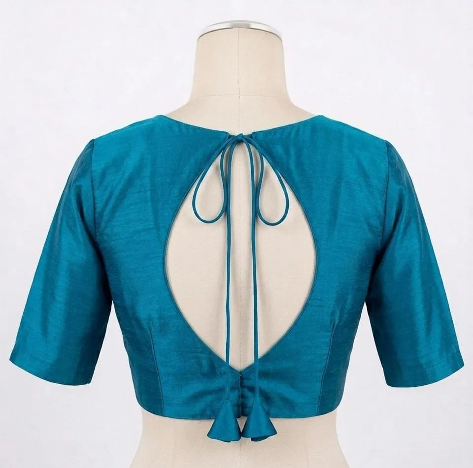 Readymade Raw Silk Blouse with Back Oval Cutout Detail | Tie-Up Dori Design with Tassels | Designer Boat Neck Saree Choli