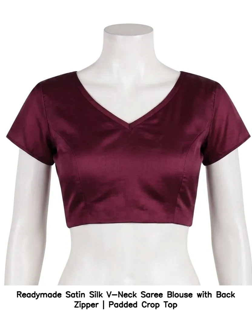 Readymade Satin Silk V-Neck Saree Blouse with Back Zipper | Padded Crop Top 4