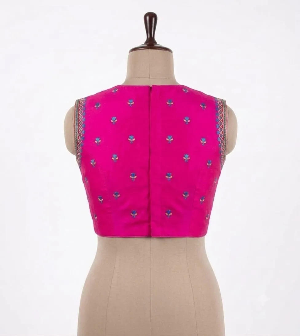 Readymade Sleeveless Raw Silk Embroidered Blouse - High Back Neck Ethnic Saree Crop Top
