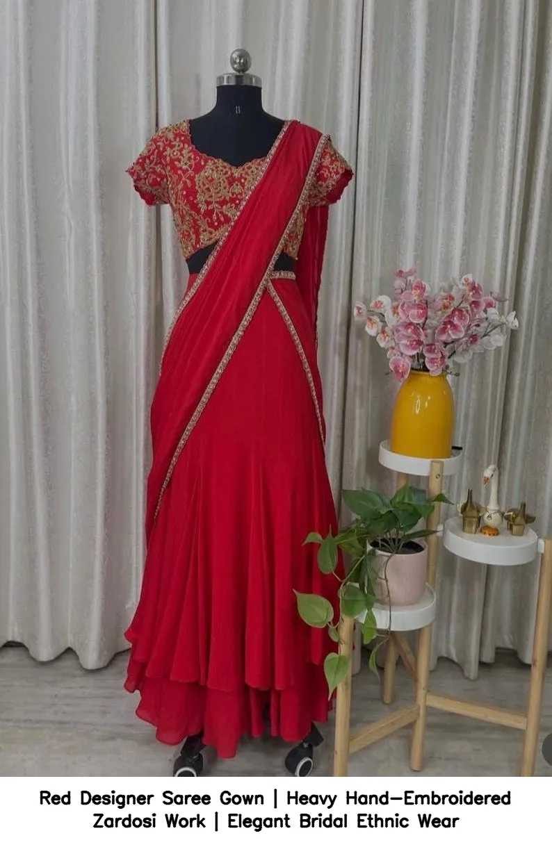Red Designer Saree Gown | Heavy Hand-Embroidered Zardosi Work | Elegant Bridal Ethnic Wear 10