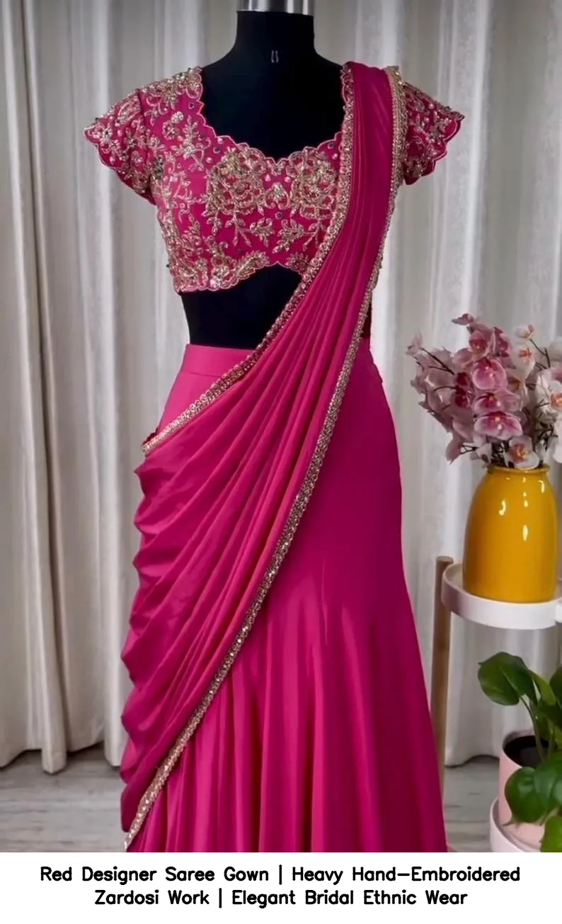 Red Designer Saree Gown | Heavy Hand-Embroidered Zardosi Work | Elegant Bridal Ethnic Wear 11