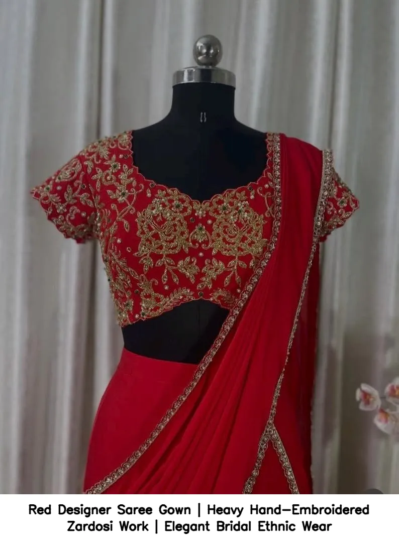 Red Designer Saree Gown | Heavy Hand-Embroidered Zardosi Work | Elegant Bridal Ethnic Wear 2
