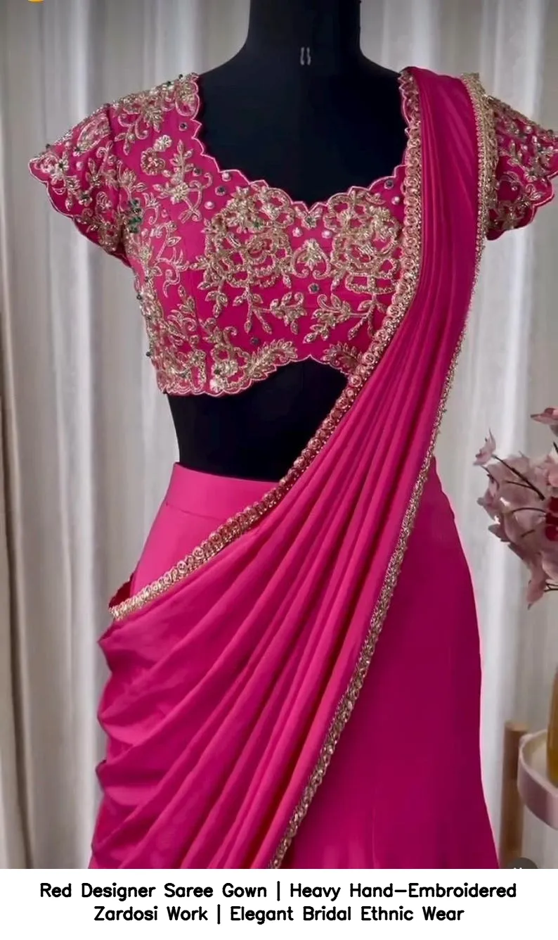 Red Designer Saree Gown | Heavy Hand-Embroidered Zardosi Work | Elegant Bridal Ethnic Wear 3