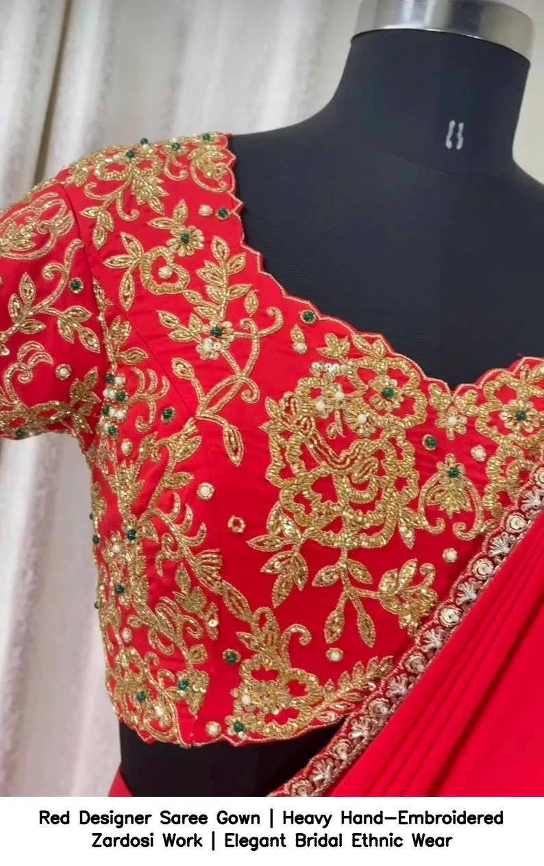 Red Designer Saree Gown | Heavy Hand-Embroidered Zardosi Work | Elegant Bridal Ethnic Wear 4