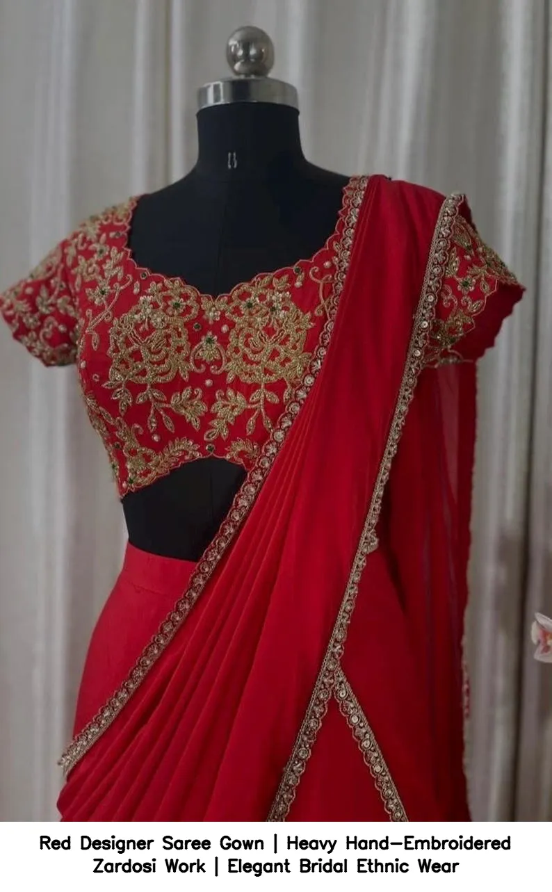 Red Designer Saree Gown | Heavy Hand-Embroidered Zardosi Work | Elegant Bridal Ethnic Wear 5
