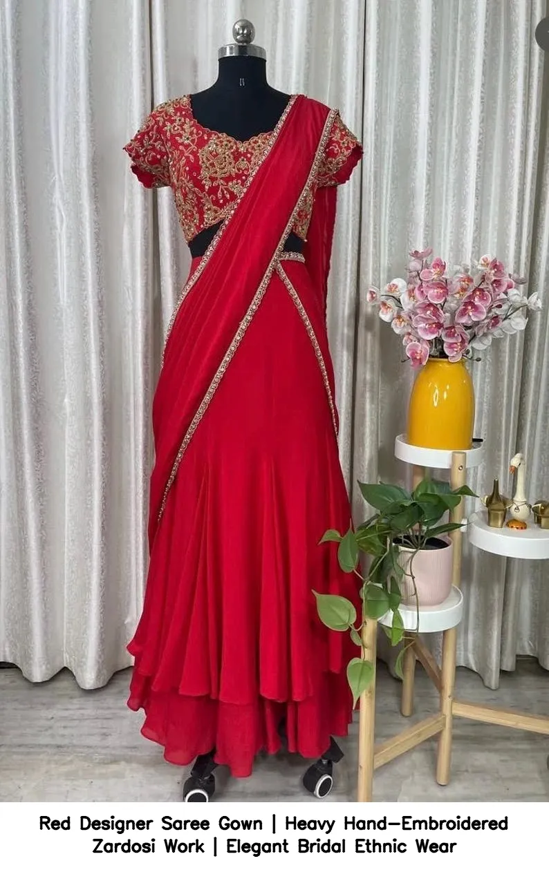 Red Designer Saree Gown | Heavy Hand-Embroidered Zardosi Work | Elegant Bridal Ethnic Wear 6