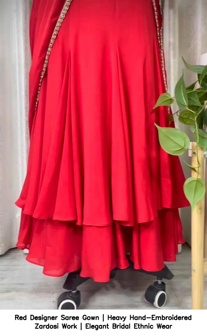 Red Designer Saree Gown | Heavy Hand-Embroidered Zardosi Work | Elegant Bridal Ethnic Wear 7