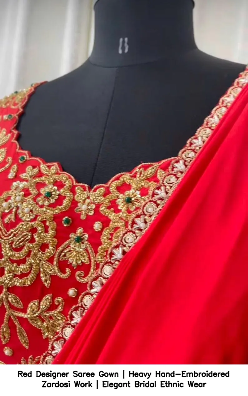 Red Designer Saree Gown | Heavy Hand-Embroidered Zardosi Work | Elegant Bridal Ethnic Wear 8
