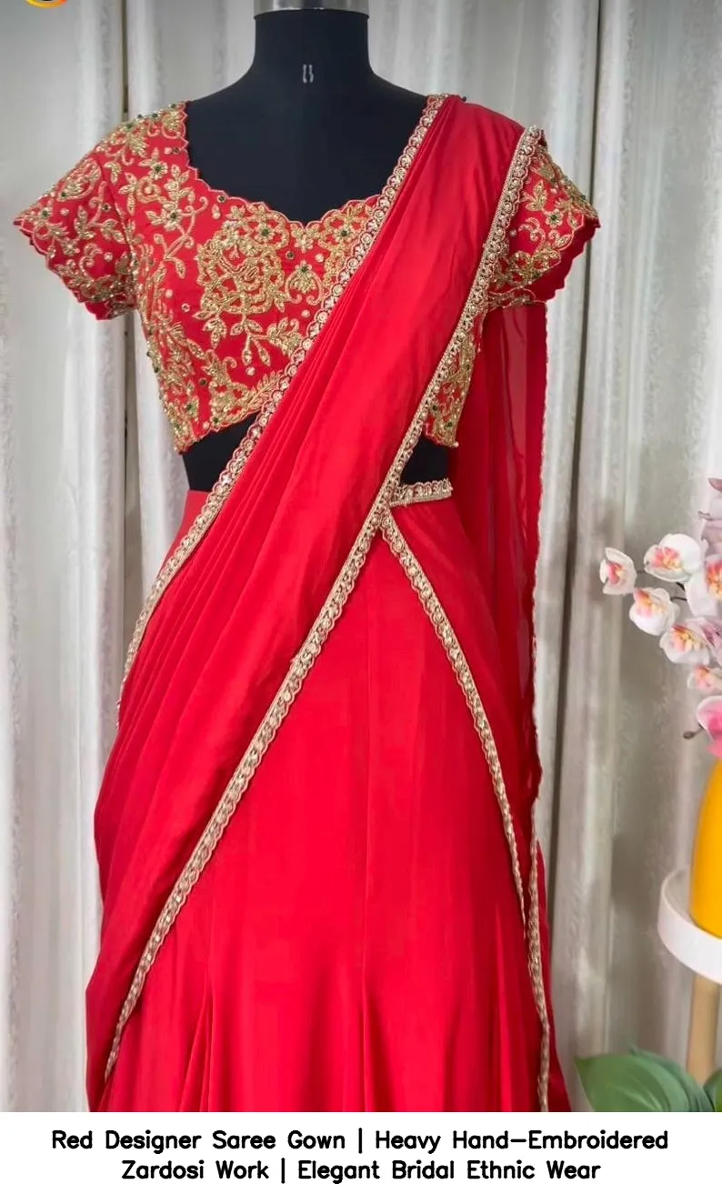 Red Designer Saree Gown | Heavy Hand-Embroidered Zardosi Work | Elegant Bridal Ethnic Wear 9