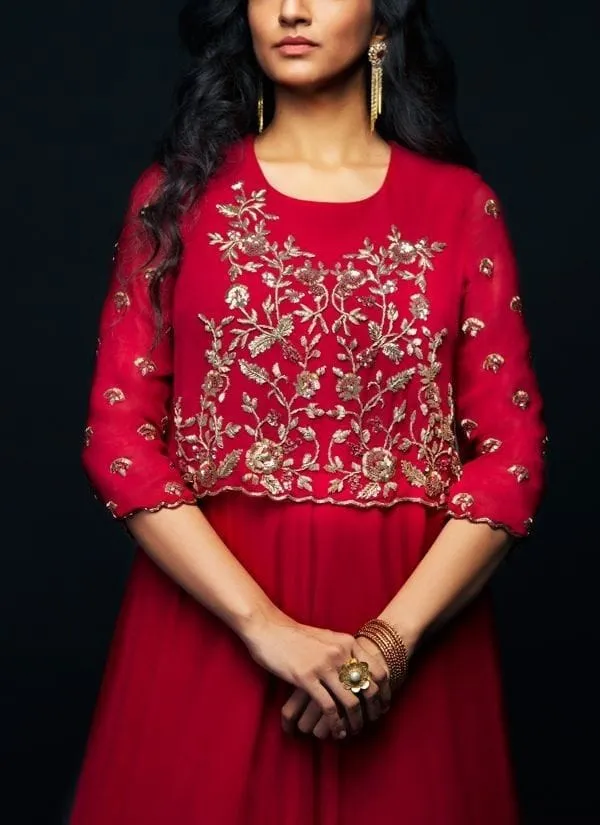 Red Georgette Anarkali Gown with Embroidered Jacket Cape – Designer Partywear Long Frock
