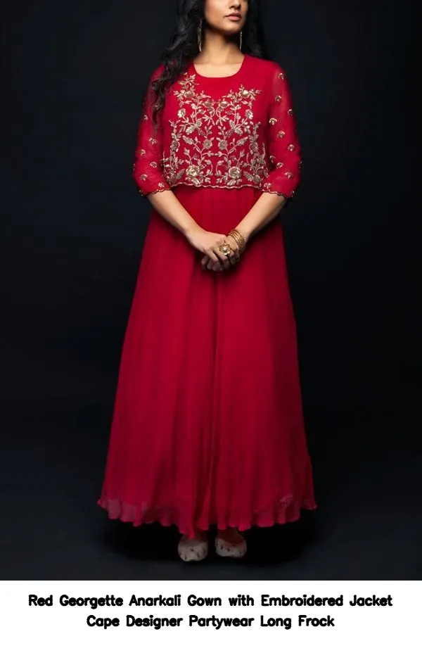 Red Georgette Anarkali Gown with Embroidered Jacket Cape – Designer Partywear Long Frock 2