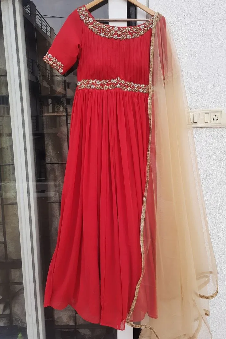 Red Georgette Anarkali Suit Set with Net Dupatta – Heavy Floral Embroidered Wedding Gown