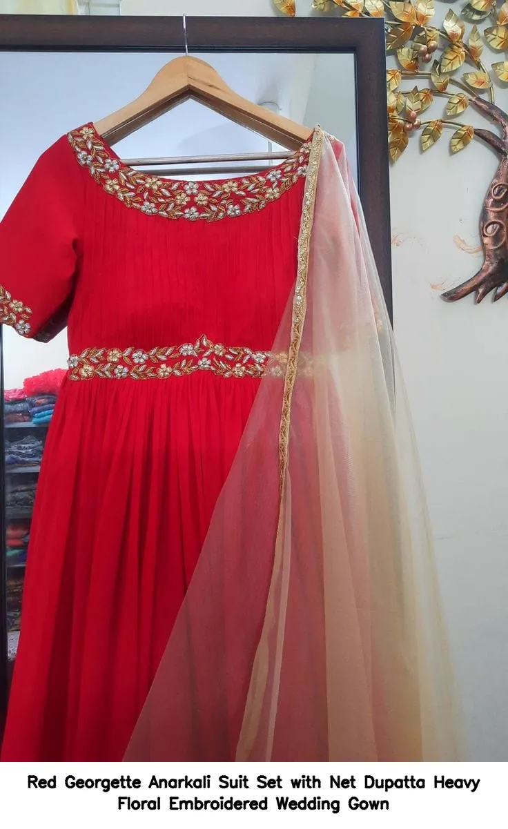 Red Georgette Anarkali Suit Set with Net Dupatta – Heavy Floral Embroidered Wedding Gown 2