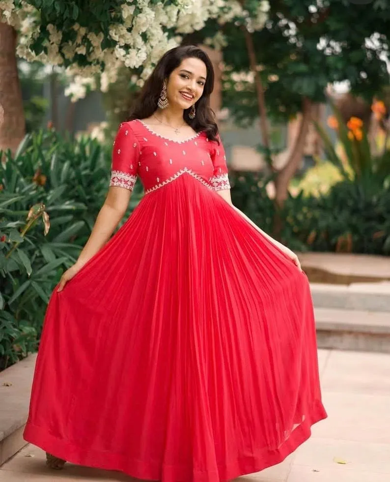 Red Pleated Designer Maxi Dress | Hand-Embroidered Ethnic Gown | Festive Party Wear for Women