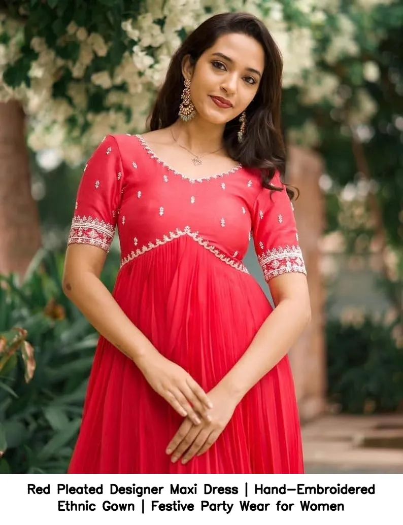 Red Pleated Designer Maxi Dress | Hand-Embroidered Ethnic Gown | Festive Party Wear for Women 2